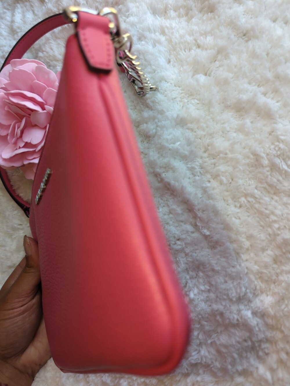 Michael Kors Hot Pink Coral Pebbled Leather Mini Bag With Extension Chain Silver - Picture 2 of 6